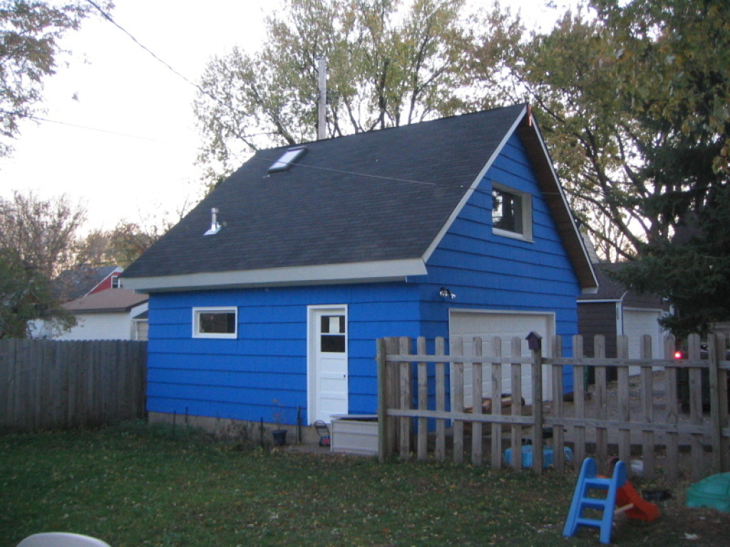 the garage, painted blue